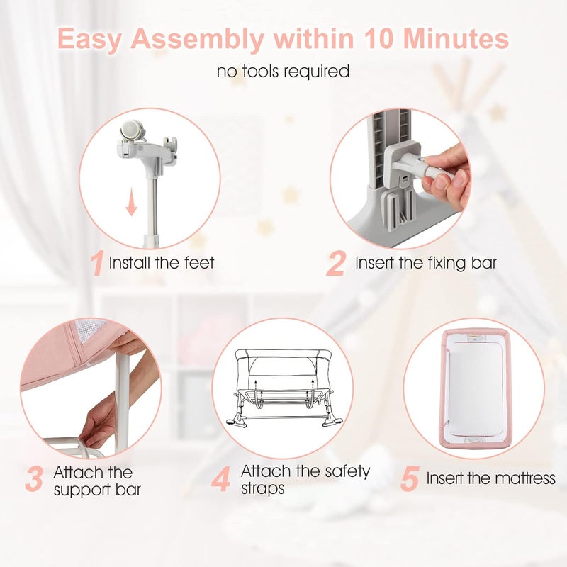 INFANS 3 in 1 Baby Bassinet, Bedside Sleeper for Newborn, Folding Crib with Mattress, Travel Bag, Wheels, 4-Sided Mesh, Easy to Assemble Cradle Co Sleeper Stationary, Rock (Pink) - Image 3